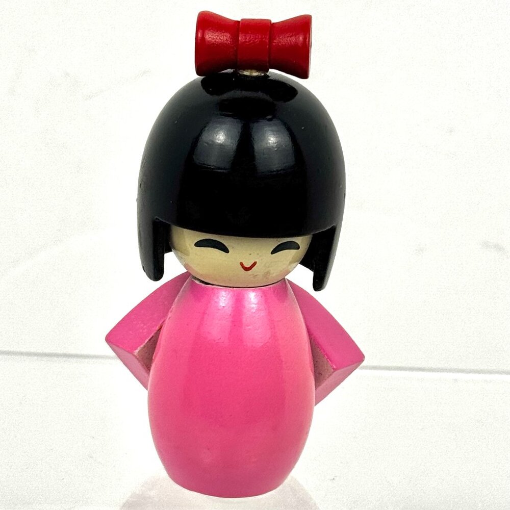 Japanese Wooden Kokeshi Girl Doll 5.25" Pink Baika Floral Kimono